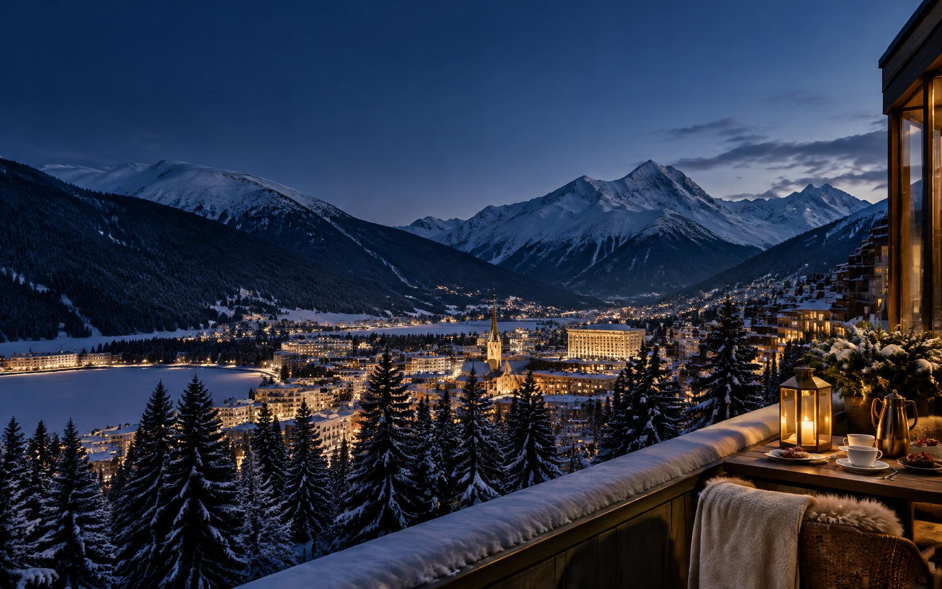Davos at twilight beneath the Swiss Alps